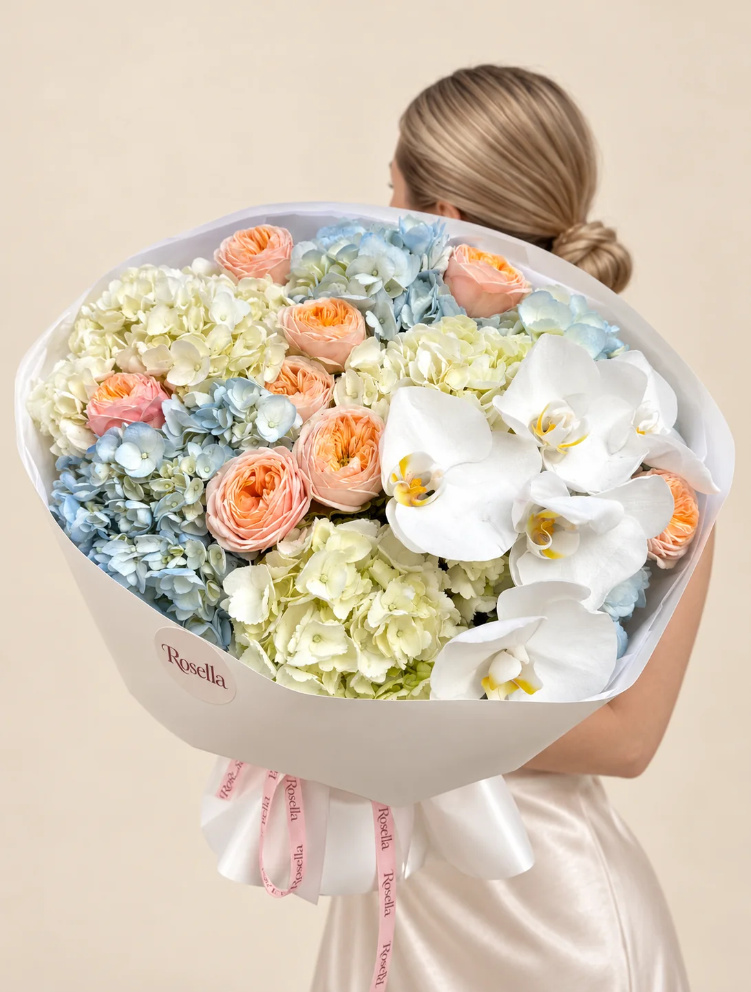 4 blue hydrangeas, 9 garden roses, 3 cream hydrangeas & 5 orchid blooms in a hand-tied bouquet