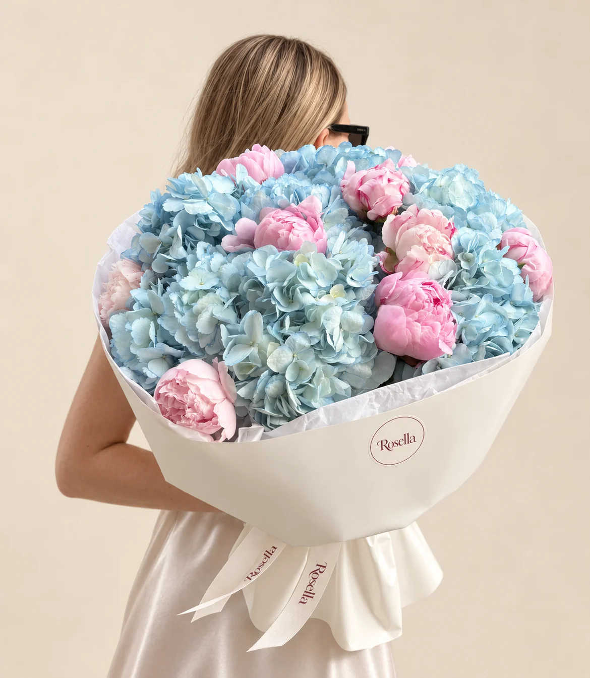 10 hydrangeas & 10 peonies in a hand-tied bouquet