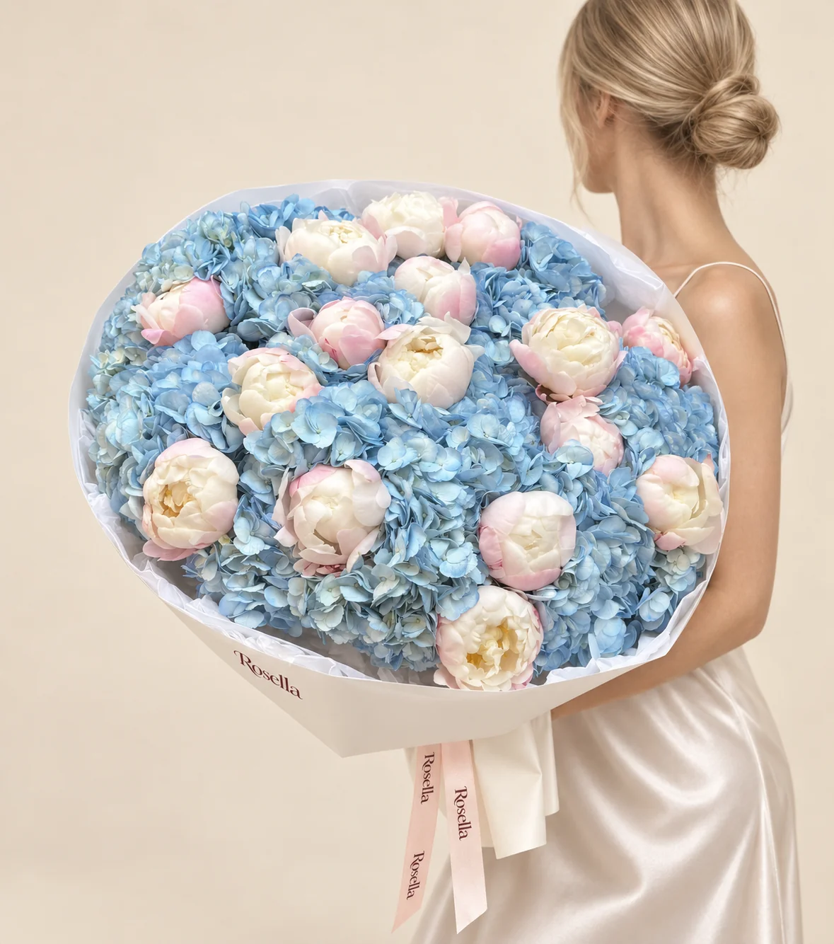 16 hydrangeas & 20 peonies in a hand-tied bouquet