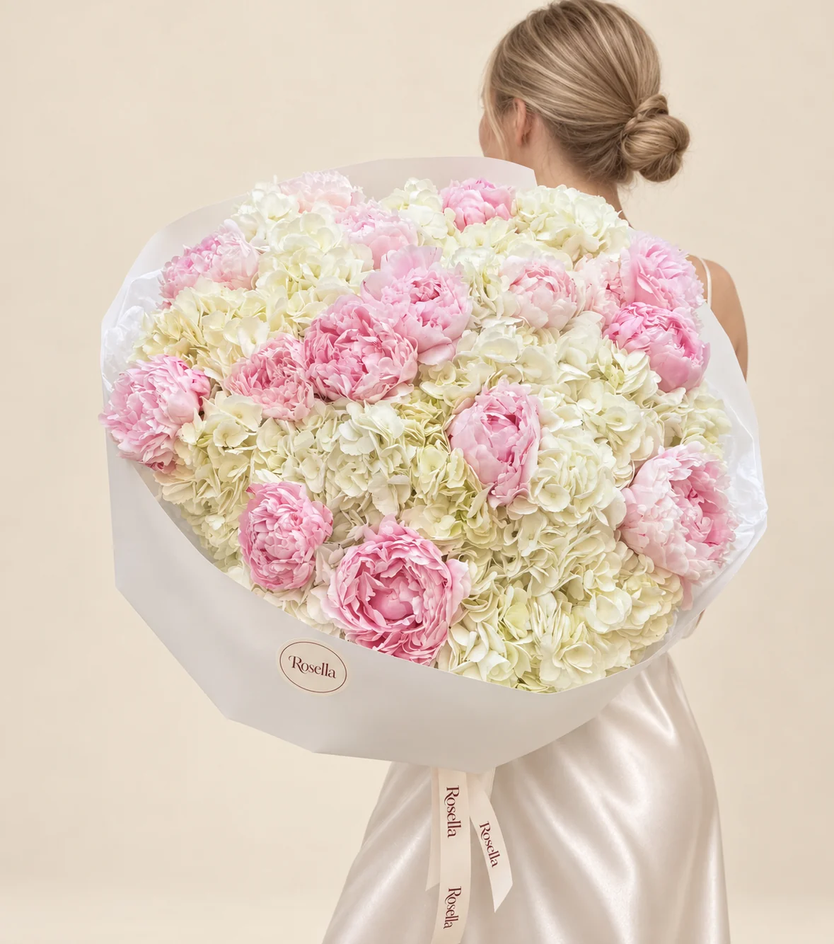 13 hydrangeas & 20 peonies in a hand-tied bouquet