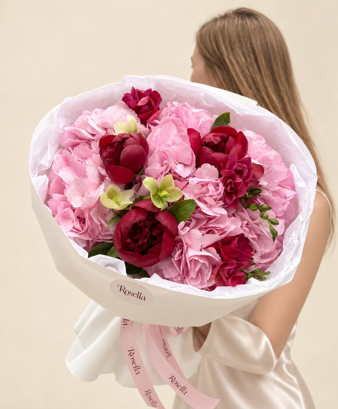 5 hydrangeas, 3 peonies, 3 freesias & 3 hellebore in a hand-tied bouquet