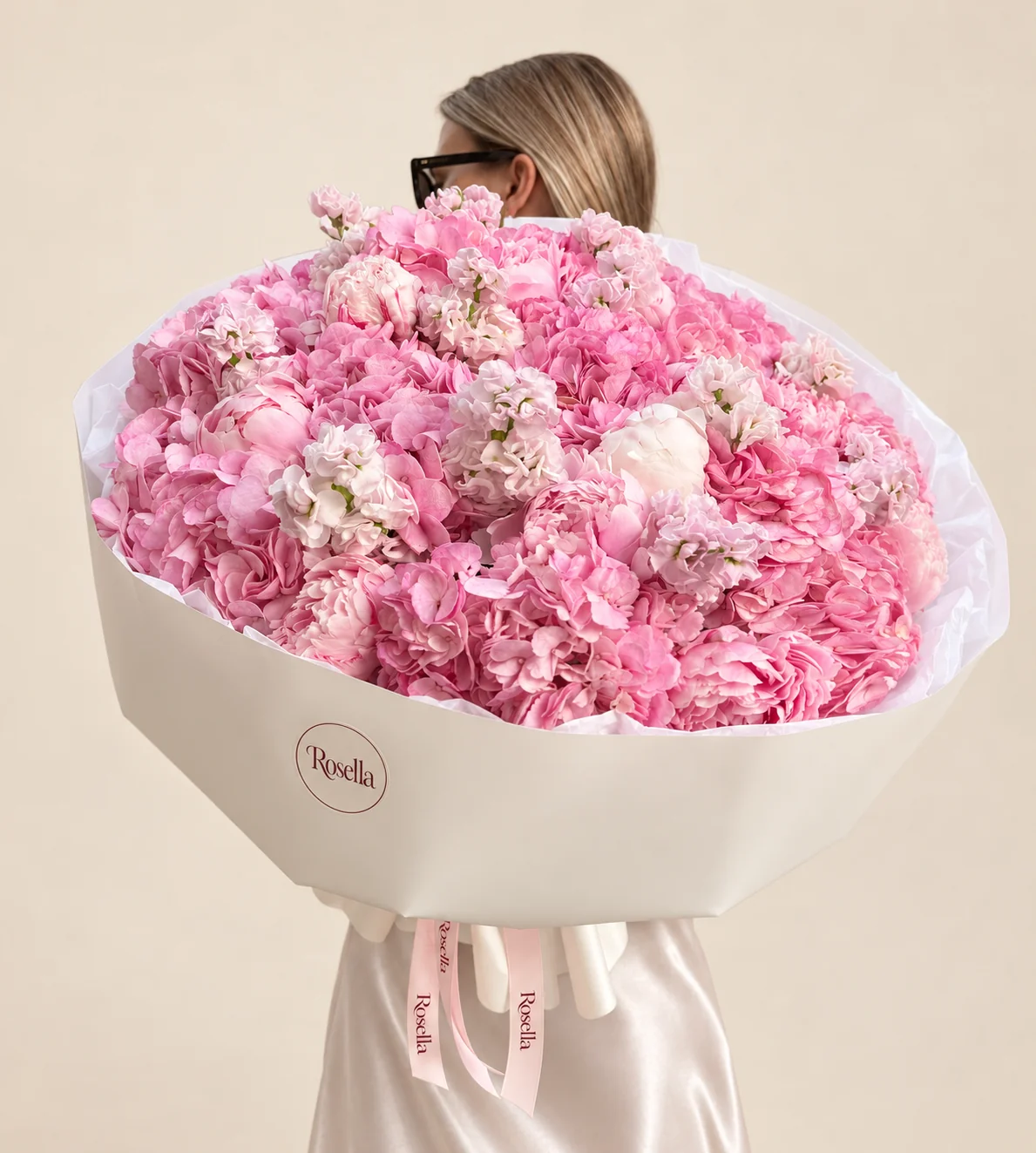 10 hydrangeas, 10 peonies & 6 stocks in a hand-tied bouquet