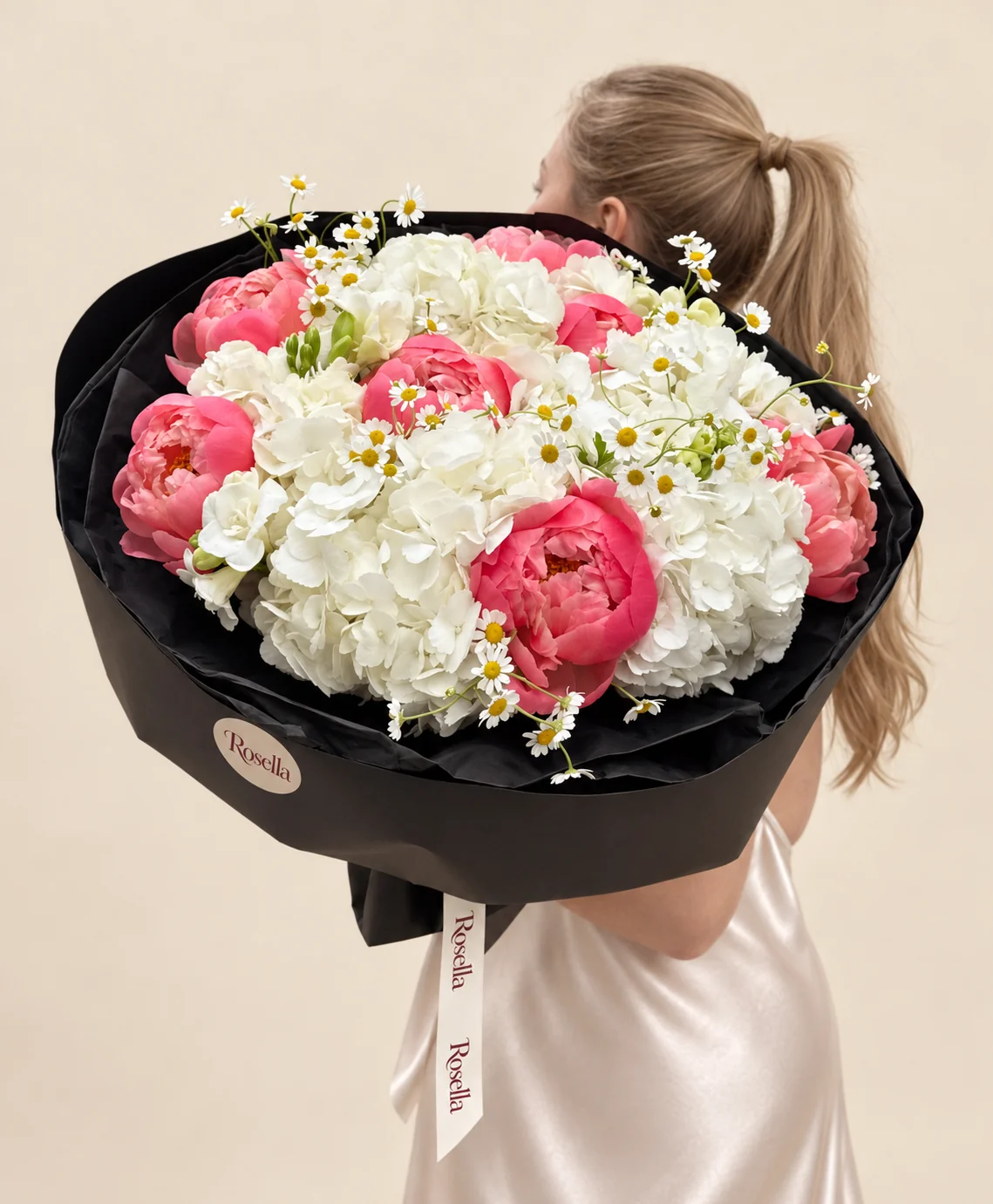 6 hydrangeas, 8 peonies & 60 chamomile blooms in a hand-tied bouquet