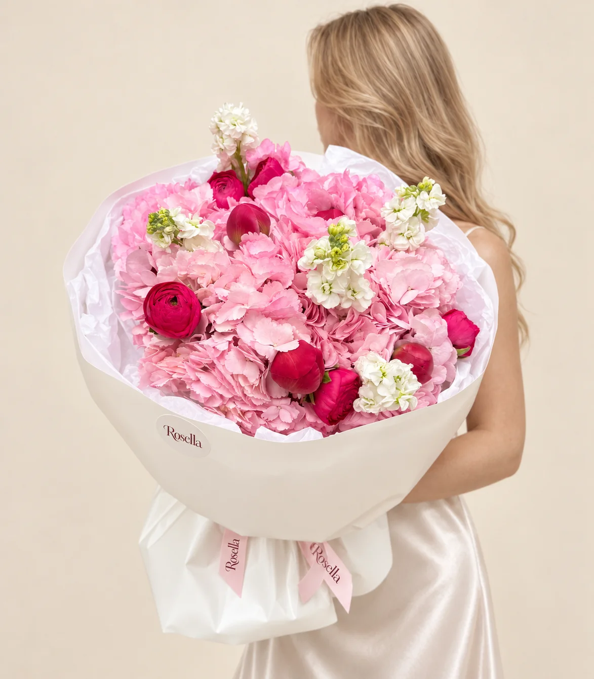 3 hydrangeas, 10 ranunculus & 4 stocks in a hand-tied bouquet
