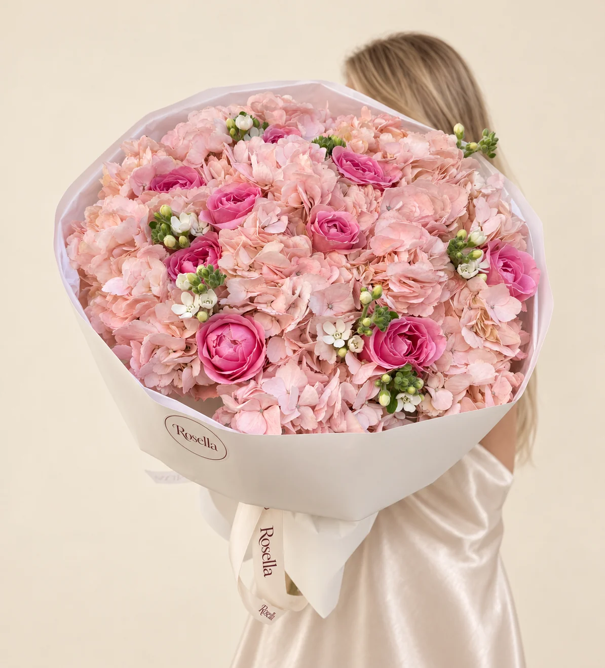 8 hydrangeas, 10 roses & 16 white ornithogalum (star of bethlehem) in a hand-tied bouquet