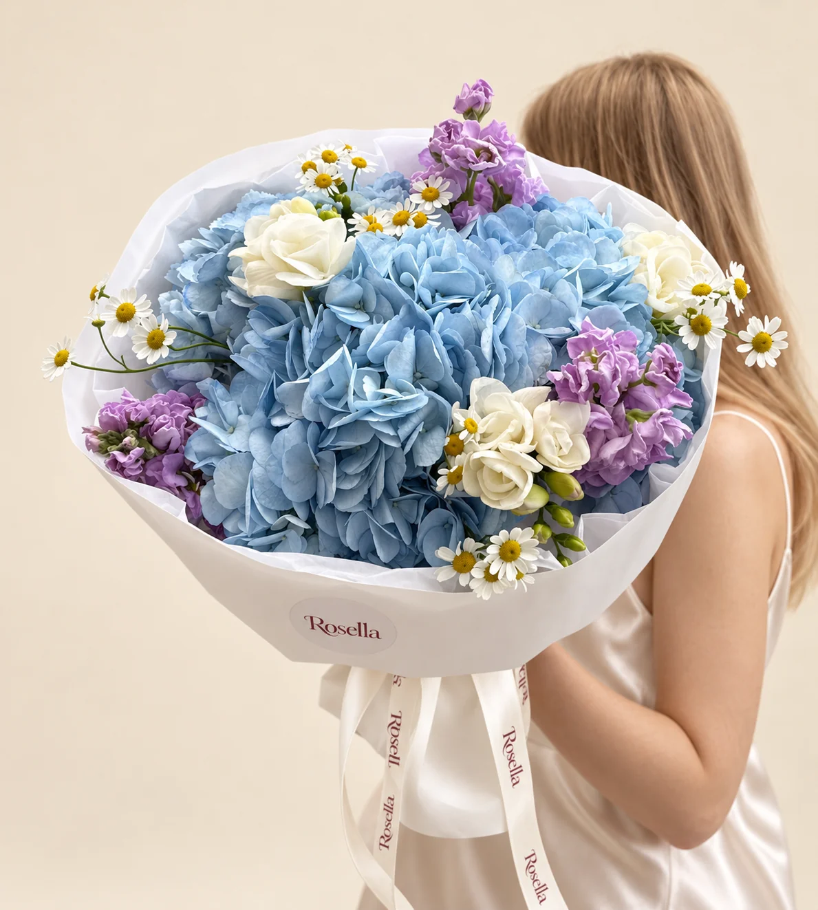 3 hydrangeas, 3 stocks, 3 freesias & 28 chamomile blooms in a hand-tied bouquet