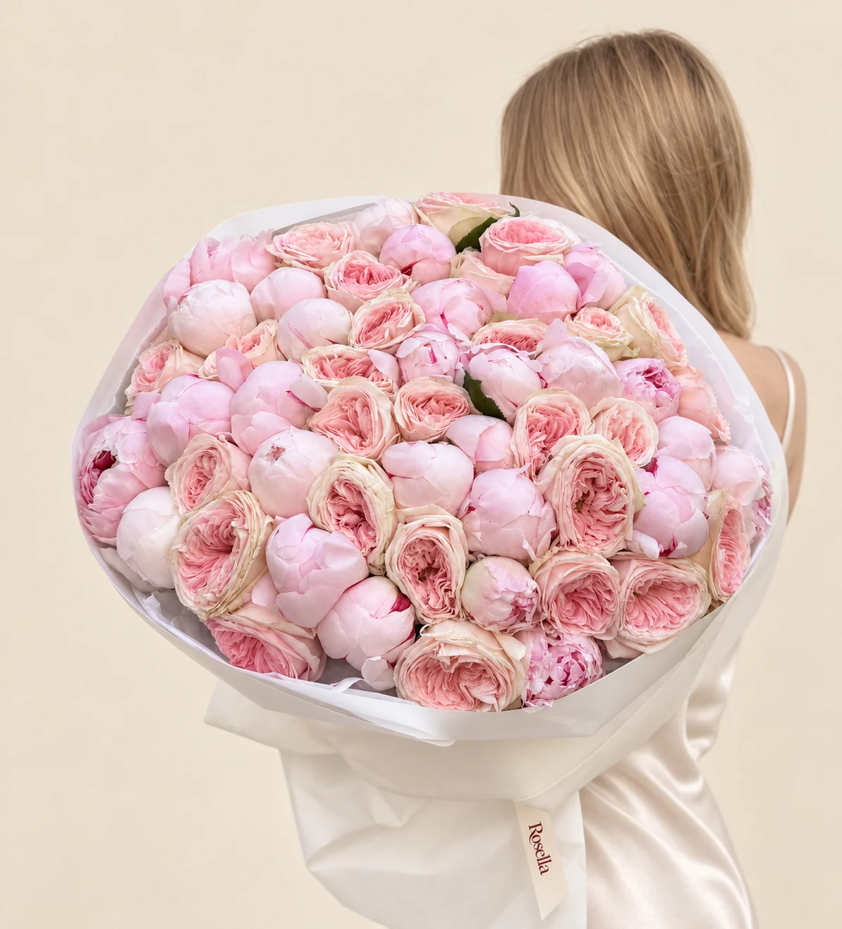 35 peonies & 32 garden roses in a hand-tied bouquet