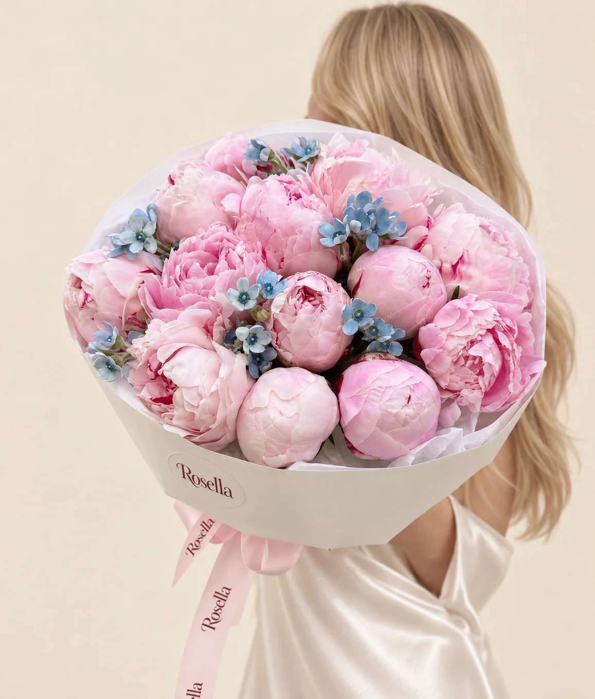 15 peonies & 24 tweedia blooms in a hand-tied bouquet