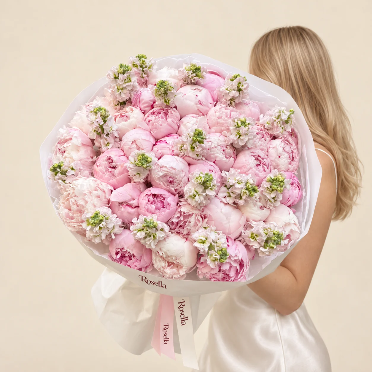 36 peonies & 14 stocks in a hand-tied bouquet