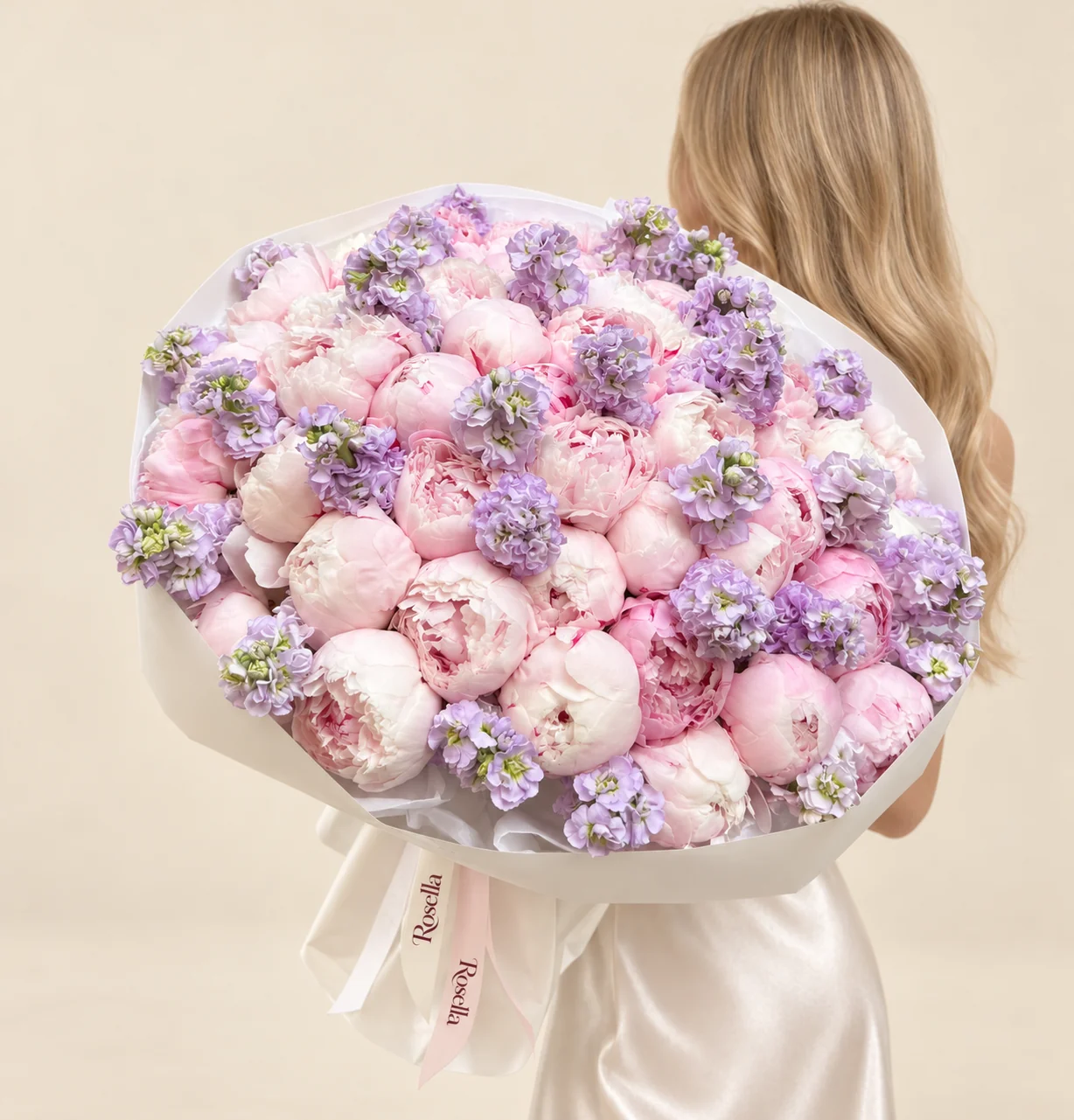 42 peonies & 18 stocks in a hand-tied bouquet