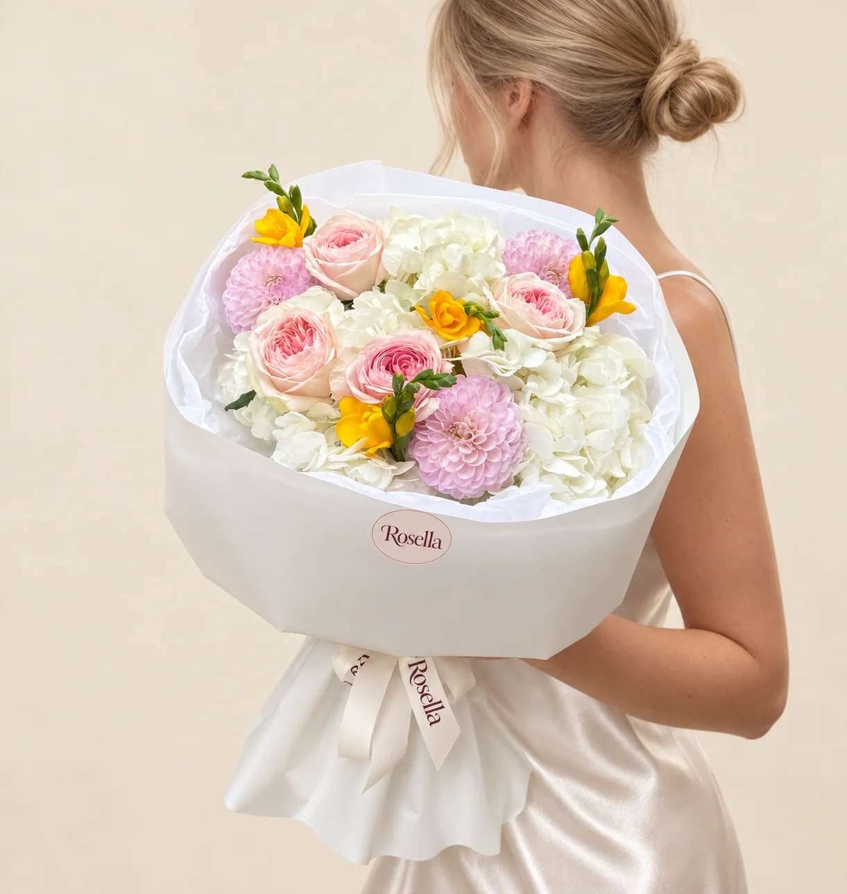 3 hydrangeas, 4 garden roses, 3 dahlias & 2 freesias in a hand-tied bouquet