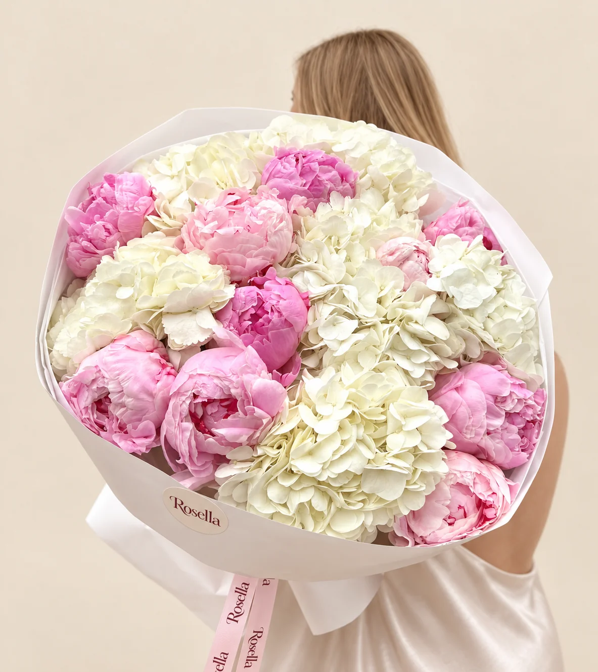 7 hydrangeas & 12 peonies in a hand-tied bouquet