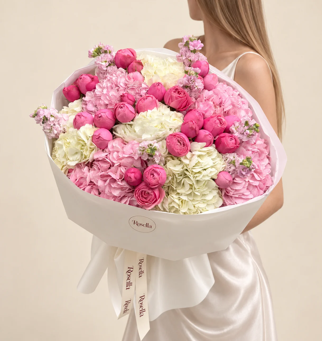 30 roses, 4 pink hydrangeas, 4 cream hydrangeas & 5 stocks in a hand-tied bouquet