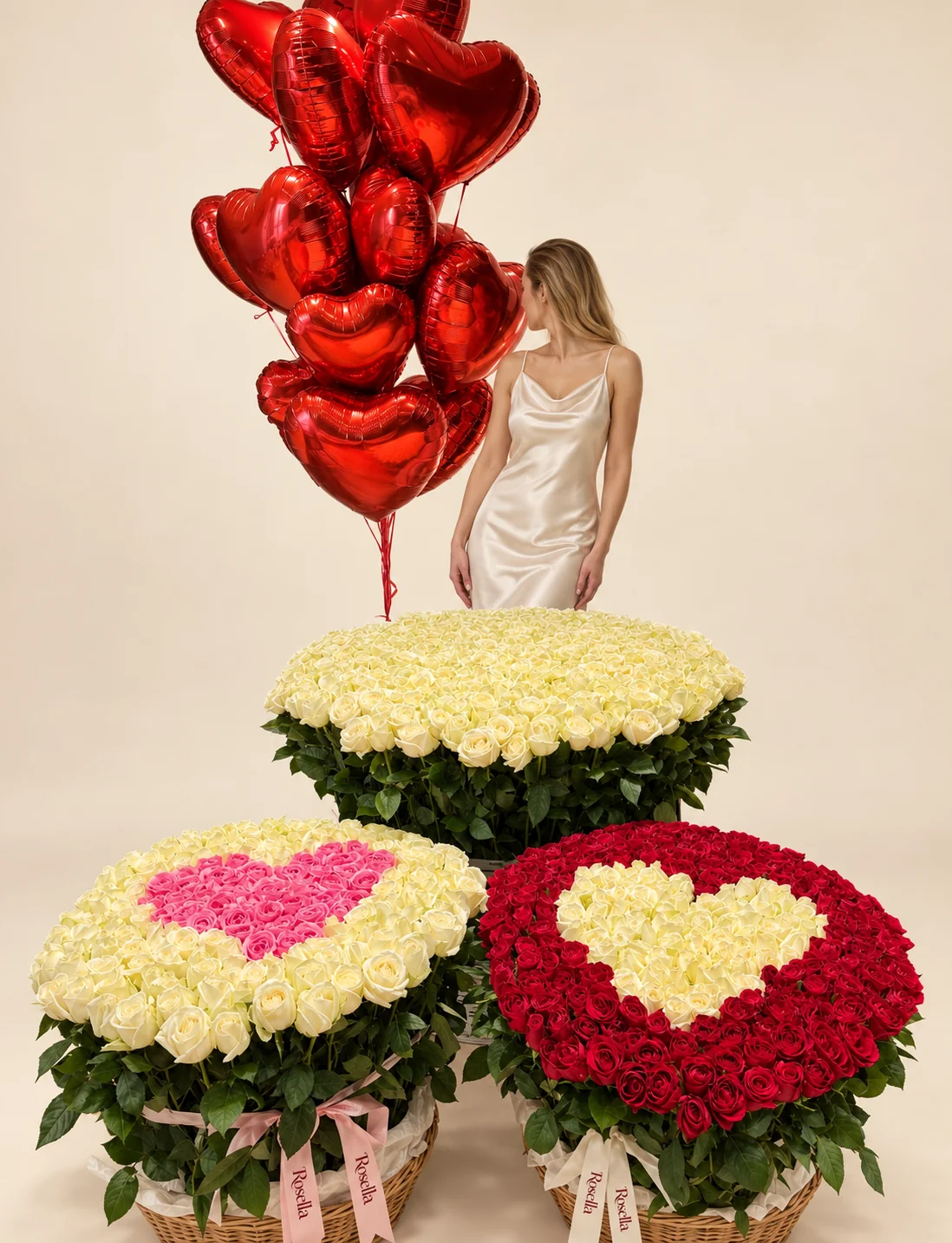 390 cream roses, 200 red roses & 60 pink roses in a basket