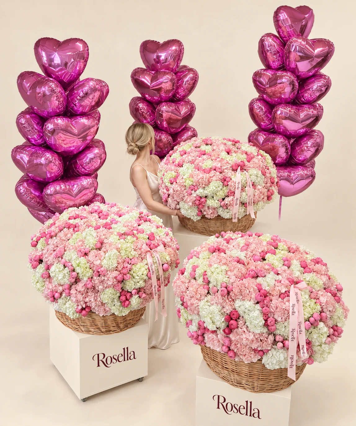 102 blush hydrangeas, 72 white hydrangeas & 400 spray roses in a basket
