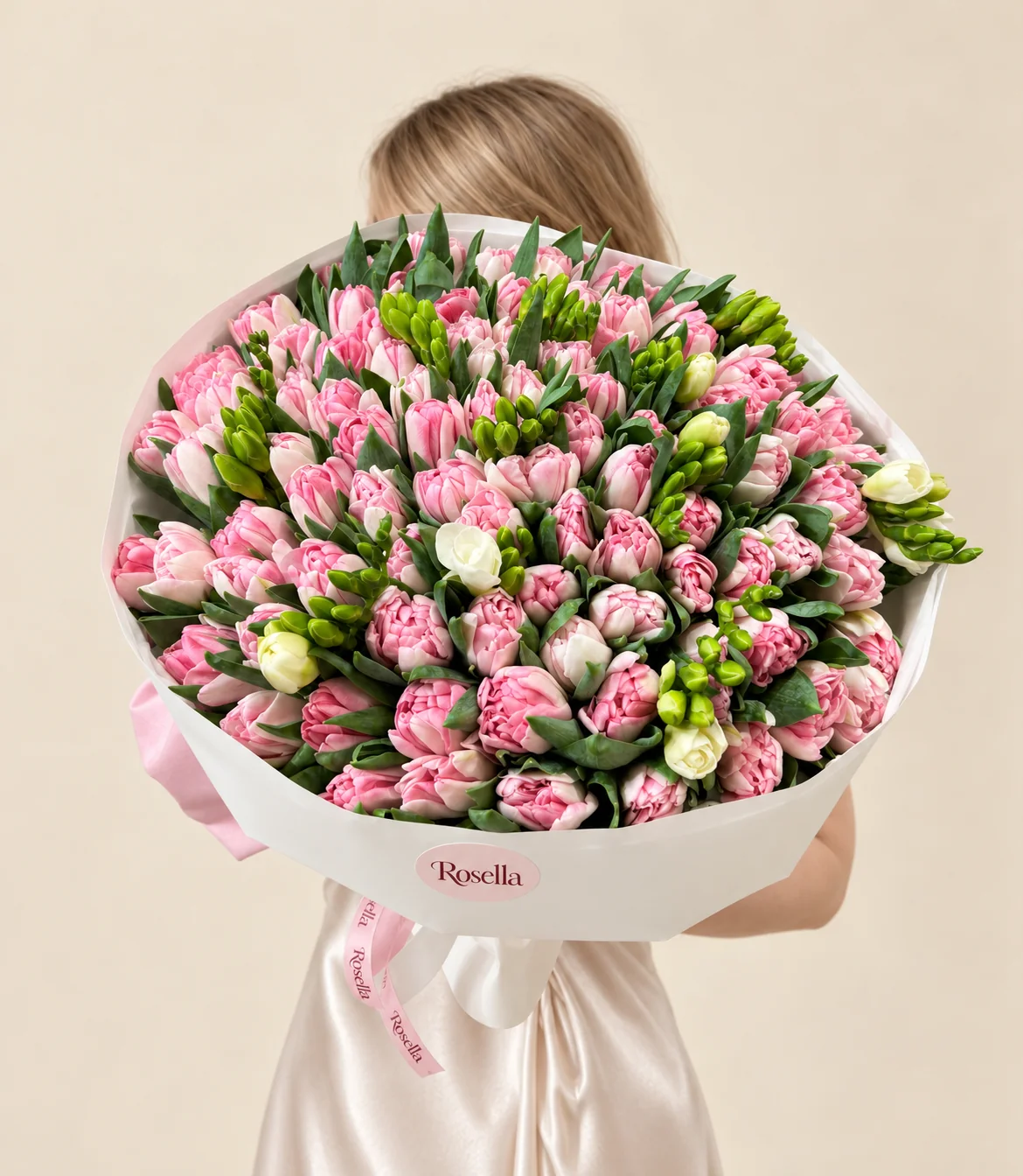 110 tulips & 3 freesias in a hand-tied bouquet